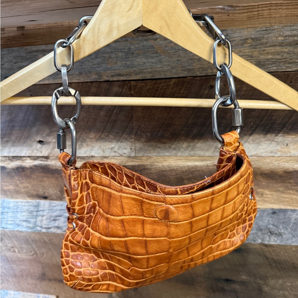 Francesco Biasia Croc-Embossed Tan Shoulder Bag with Silver Chain